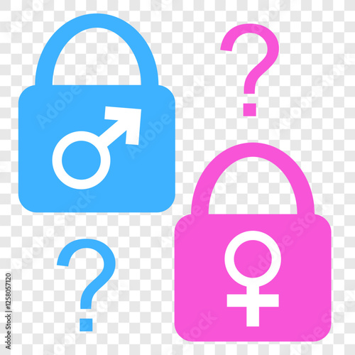 Pink and blue lock icons for gender party. Boy or girl. Pink and blue question. Vector illustration