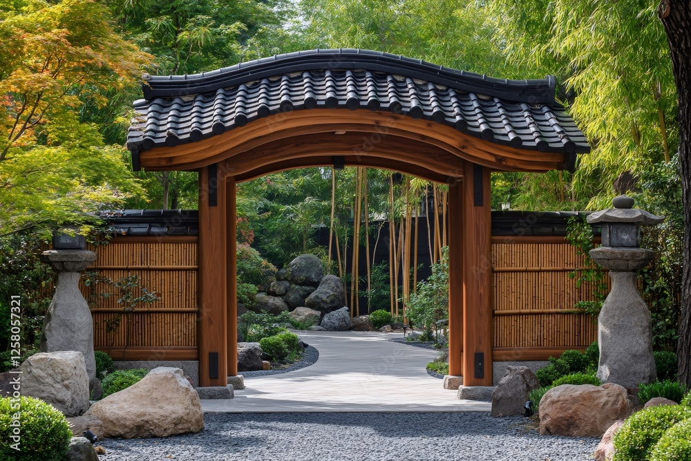 Traditional japanese garden gate welcoming visitors to tranquil oasis Traditional japanese garden gate welcoming visitors to tranquil oasis