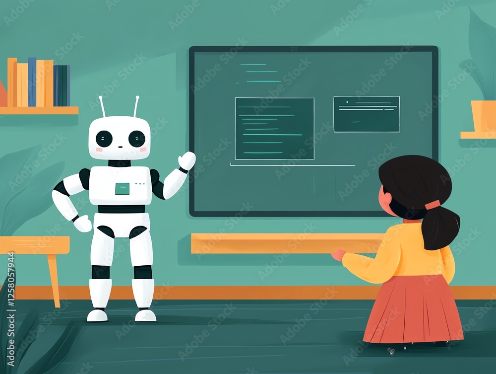 Obraz premium Teacher conducting a virtual lesson using AI-enhanced teaching aids