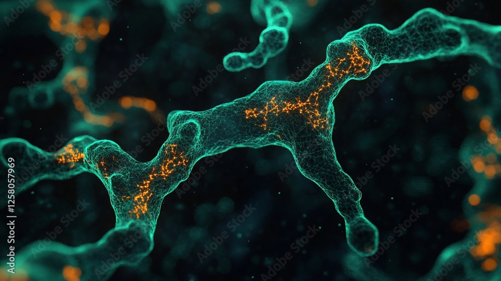 Fototapeta premium Microscopic turquoise network, glowing orange particles, dark background, scientific visualization