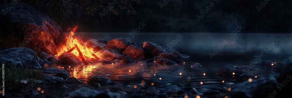 red coals burning in a campfire by a lake at night, with the light of the fire casting a warm, golden glow on the surrounding rocks red coals burning in a campfire by a lake at night, with the light of the fire casting a warm, golden glow on the surrounding rocks