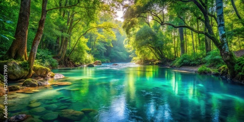 A tranquil forest scene with a crystal clear stream flowing gently through it, surrounded by lush greenery and vibrant blue waters that seem almost otherworldly, peaceful ambiance, blue water