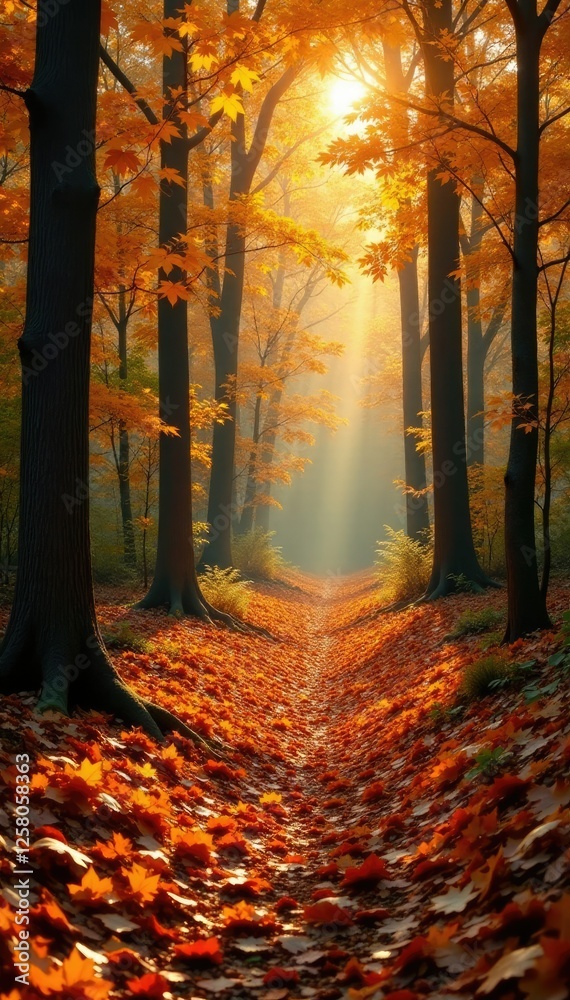 Fototapeta premium Amber forest floor covered with fallen leaves, forest, foliage