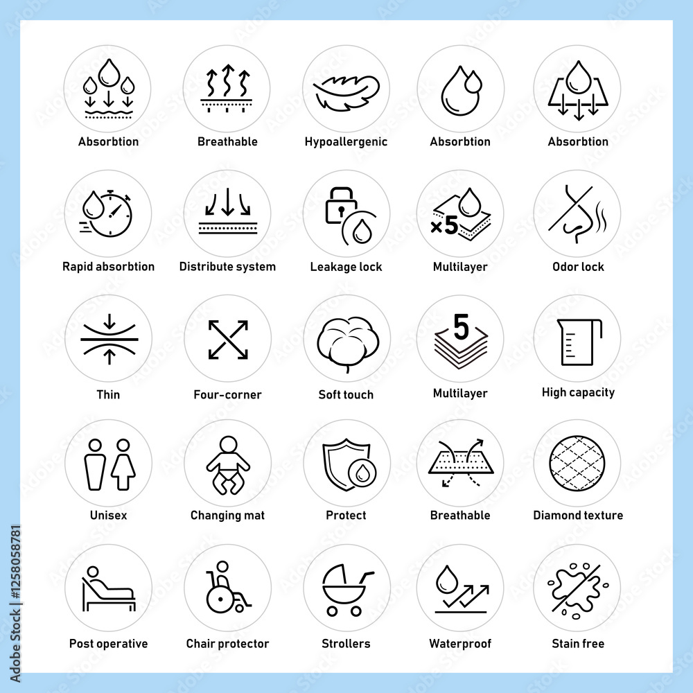 Fototapeta premium Disposable changing mat set icons. The outline icons are well scalable and editable. Contrasting elements are good for different backgrounds. EPS10.