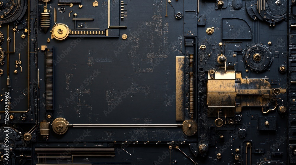 Black background with steampunk-inspired metallic textures, mechanical and vintage Black background with steampunk-inspired metallic textures, mechanical and vintage