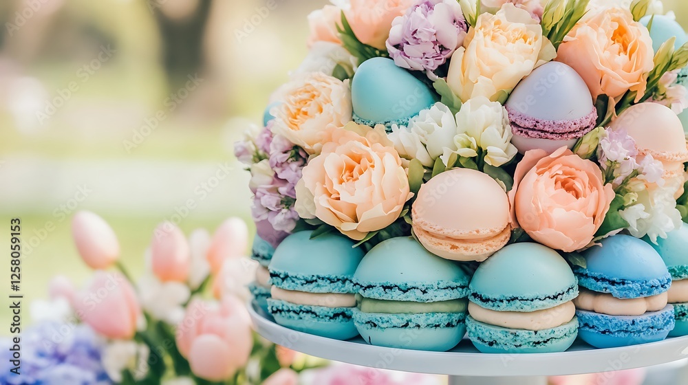 Delightful Macarons Arrangement with Floral Adornments for an Elegant Dessert Display Presentation Delightful Macarons Arrangement with Floral Adornments for an Elegant Dessert Display Presentation