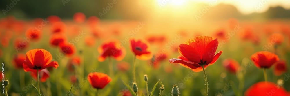 Field of red poppies swaying gently in summer breeze , wind, countryside Field of red poppies swaying gently in summer breeze , wind, countryside