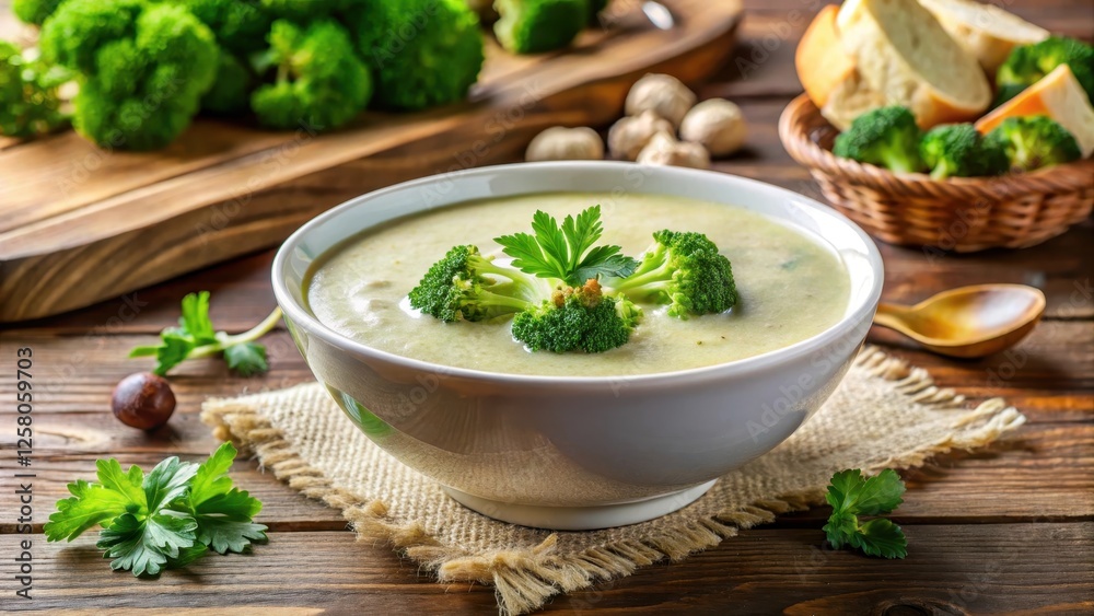 Warm, comforting creamy broccoli soup in a rustic white ceramic bowl on a wooden table Warm, comforting creamy broccoli soup in a rustic white ceramic bowl on a wooden table