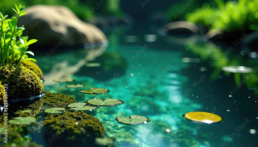 Aquatic plants and algae in a shallow freshwater pool, water features, algae types Aquatic plants and algae in a shallow freshwater pool, water features, algae types