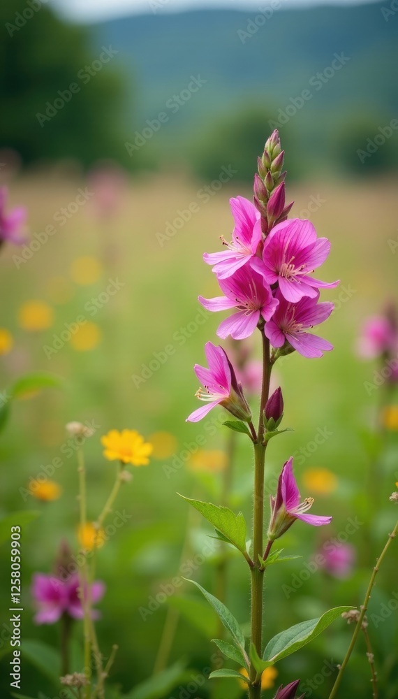 Aquilegia canadensis in field with other wildflowers, scenery, nature Aquilegia canadensis in field with other wildflowers, scenery, nature
