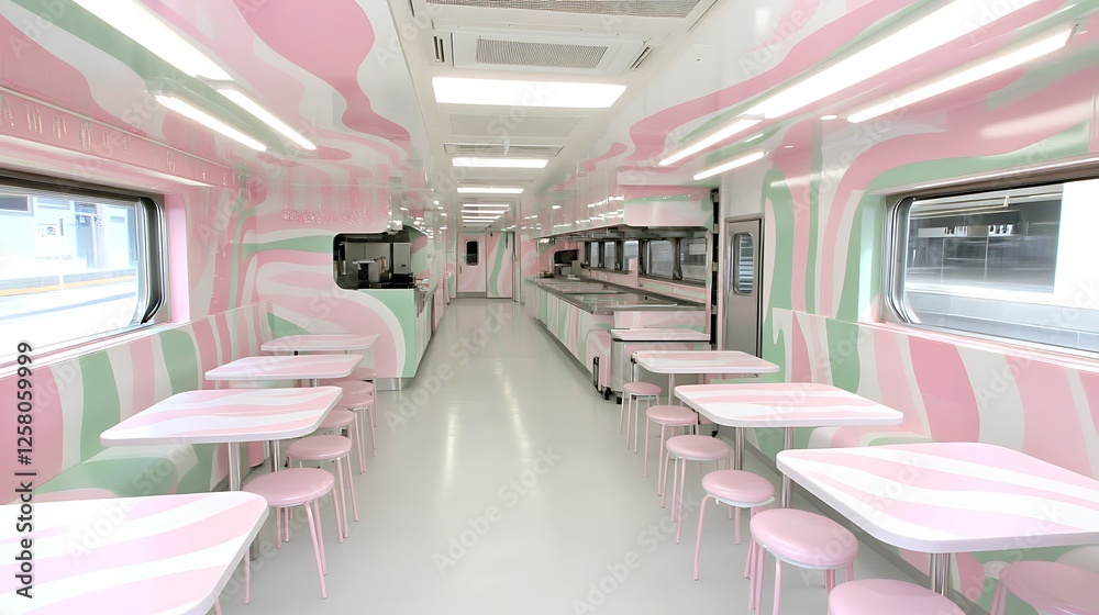 Fototapeta premium Dessert Themed Train Car Interior with Tables and Seating in a Pink and Green Color Scheme