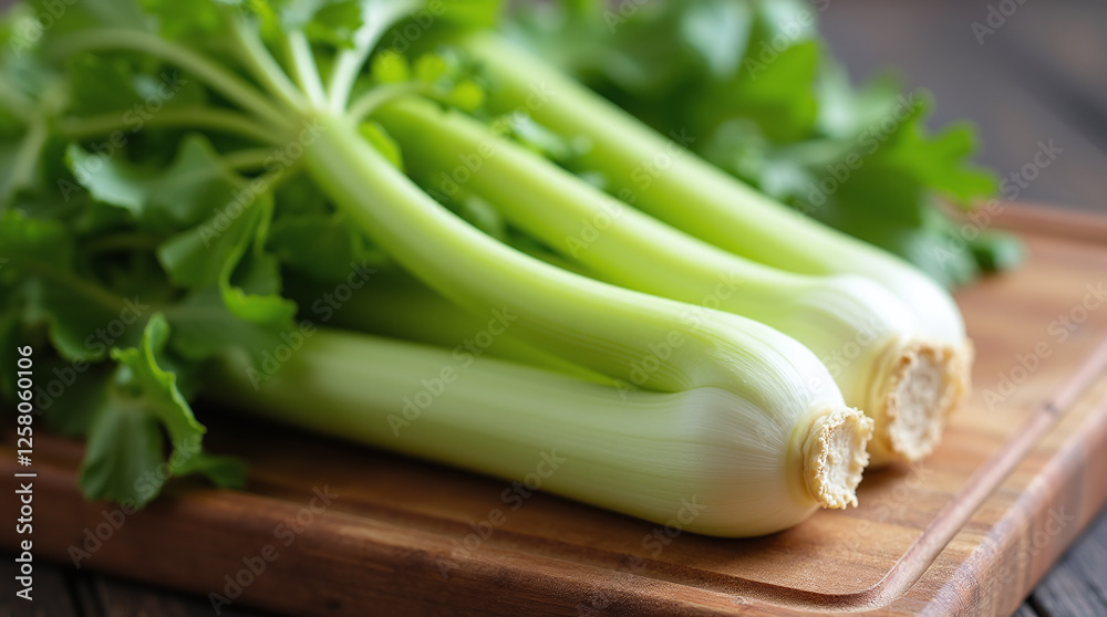 Fresh Celery on Cutting Board in Kitchen, healthy eating and nutrition, wholesome food ingredients Fresh Celery on Cutting Board in Kitchen, healthy eating and nutrition, wholesome food ingredients
