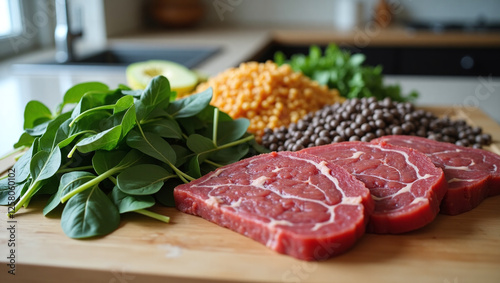 Food Ingredients for Anemia and Iron Deficiency, iron-rich foods spinach, lentils, raw beef on a kitchen counter, healthy meal planning for anemia prevention and overall health