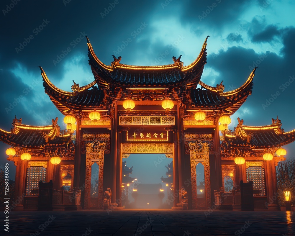 the elegance of a traditional Chinese gate, illuminated by lanterns, with its elaborate carvings glowing softly under the night sky. the elegance of a traditional Chinese gate, illuminated by lanterns, with its elaborate carvings glowing softly under the night sky.