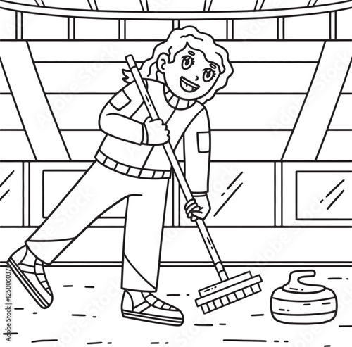 Curling Female Curler Sweeping Coloring Page 