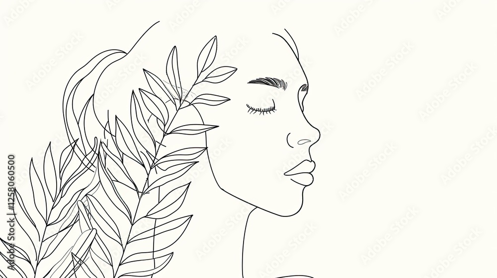 Simple drawing of abstract female head with leaves Simple drawing of abstract female head with leaves