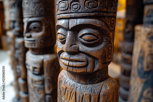 Intricate wooden carvings displayed in an art gallery celebrating indigenous craftsmanship and culture photo