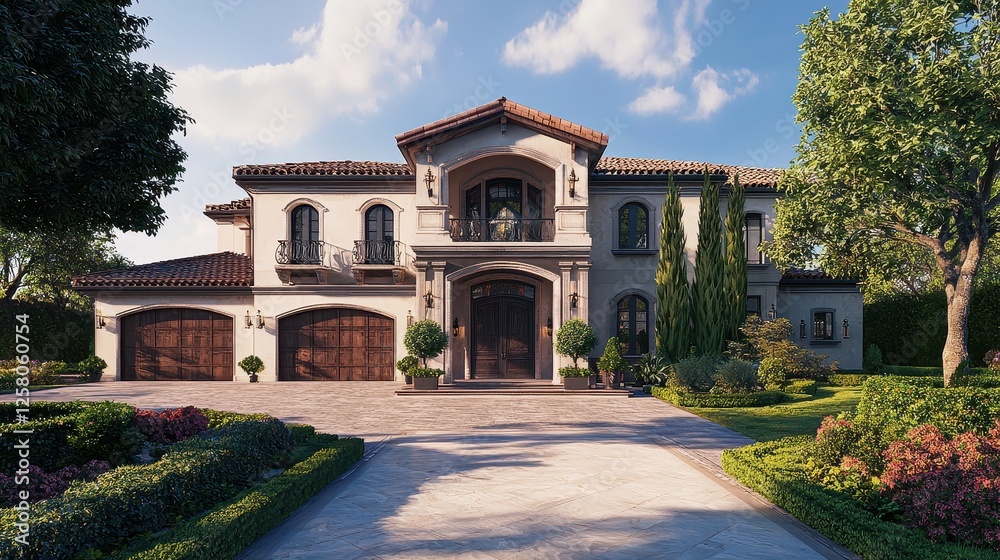 Naklejka premium Elegant Mediterranean mansion with arched windows, lush gardens, and a grand entrance