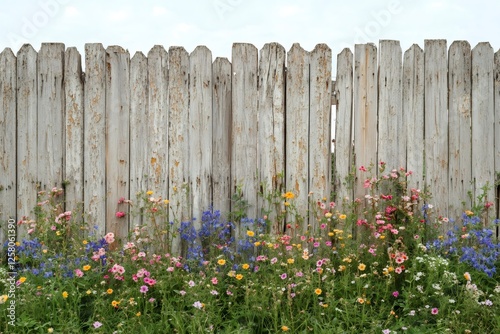 Fototapeta Naklejka Na Ścianę i Meble -  Colorful wildflowers growing in front of old weathered wooden fence