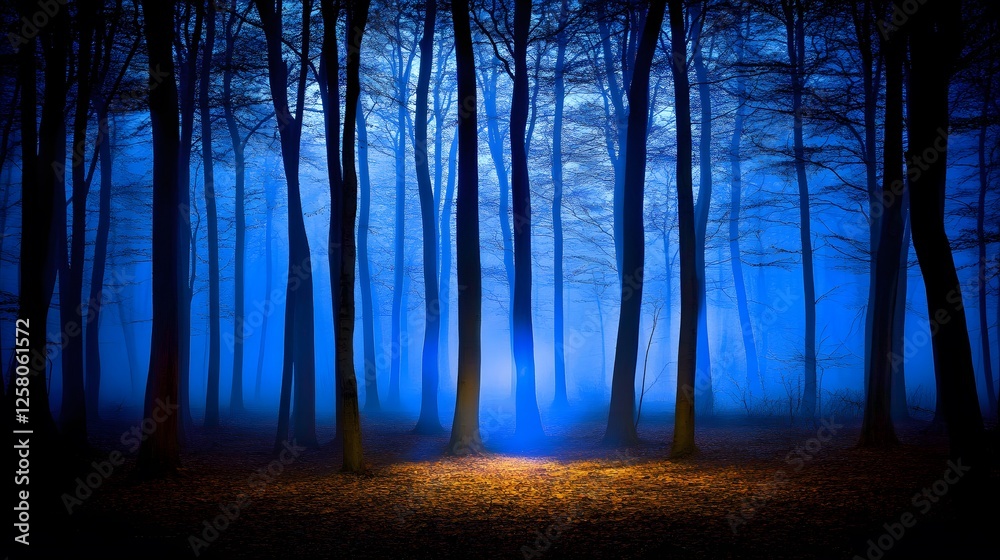Fototapeta premium Enchanted Blue Forest Mystical Foggy Trees