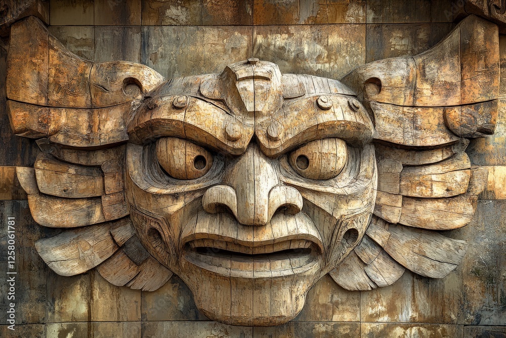 Intricate wooden sculpture of a powerful figure with intense eyes and detailed carvings in a historical site Intricate wooden sculpture of a powerful figure with intense eyes and detailed carvings in a historical site