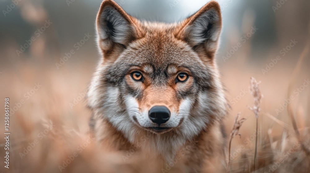 This striking portrait captures a close-up of a majestic wolf, showcasing its intense gaze and detailed fur, embodying the essence of wilderness in a serene setting.
