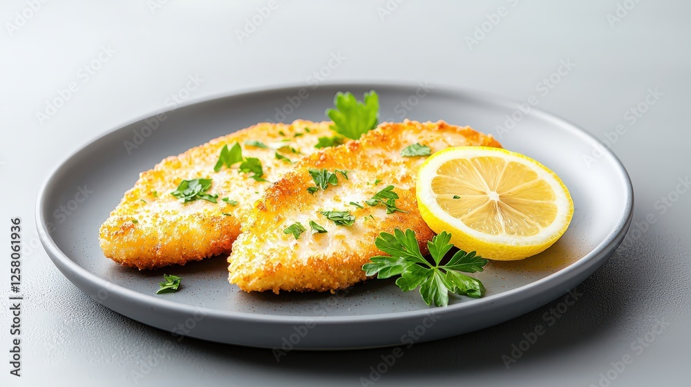 Crispy Fish Fillets with Lemon and Herbs on Plate Crispy Fish Fillets with Lemon and Herbs on Plate