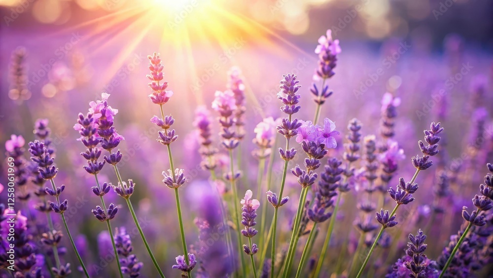 Naklejka premium Softly glowing lavender fields on a sunny day with delicate purple flowers swaying gently in the breeze, floral background, beautiful lavender