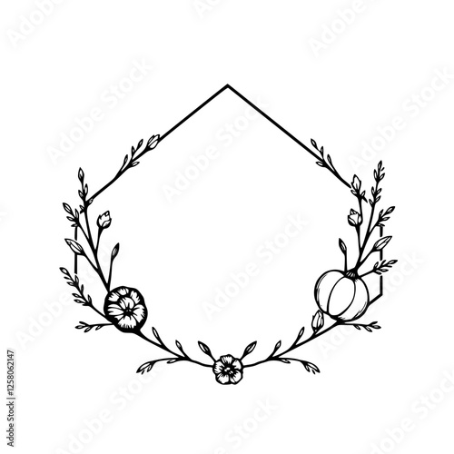 Autumnal Floral Hexagon Frame with Pumpkin and Flowers