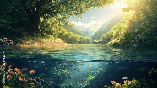 Fototapeta Naklejka Na Ścianę i Meble -  A stunning split-view image showcasing an underwater river scene below and a lush, vibrant landscape above, capturing the beauty of nature.

