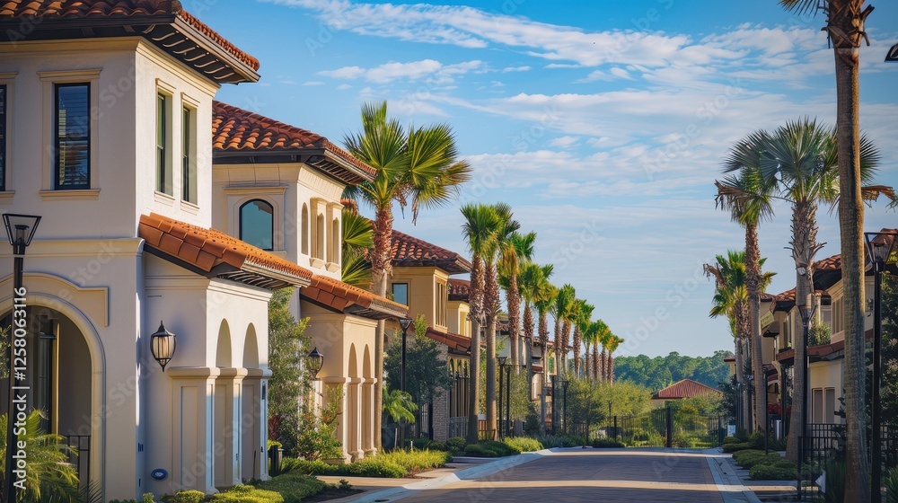 Fototapeta premium Beautiful Mediterranean-style homes along a palm-lined street in a luxury neighborhood 