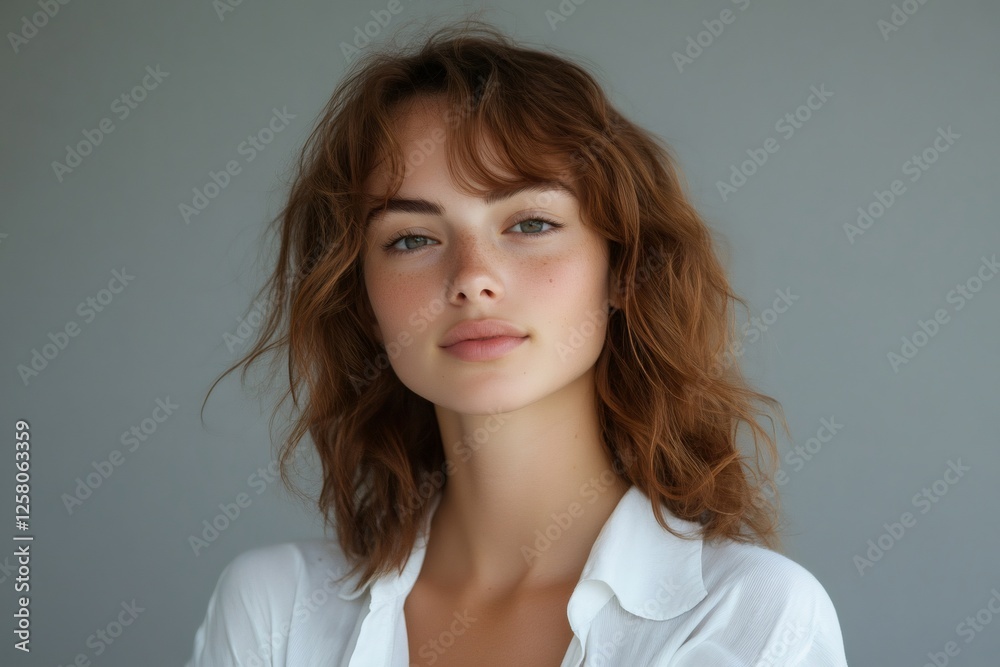 Portrait of confident young woman with freckles and wavy hair posing on gray background Portrait of confident young woman with freckles and wavy hair posing on gray background
