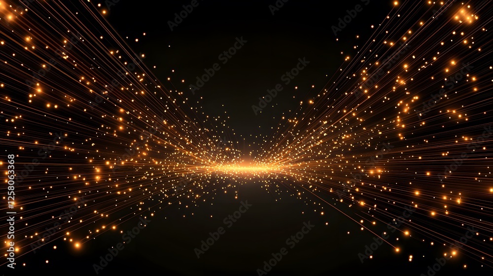 Fototapeta premium The image contains a burst of golden light streaks emanating from a central point, resembling fireworks or sparks, against a black background. The effect is dynamic and creates a sense of movement a