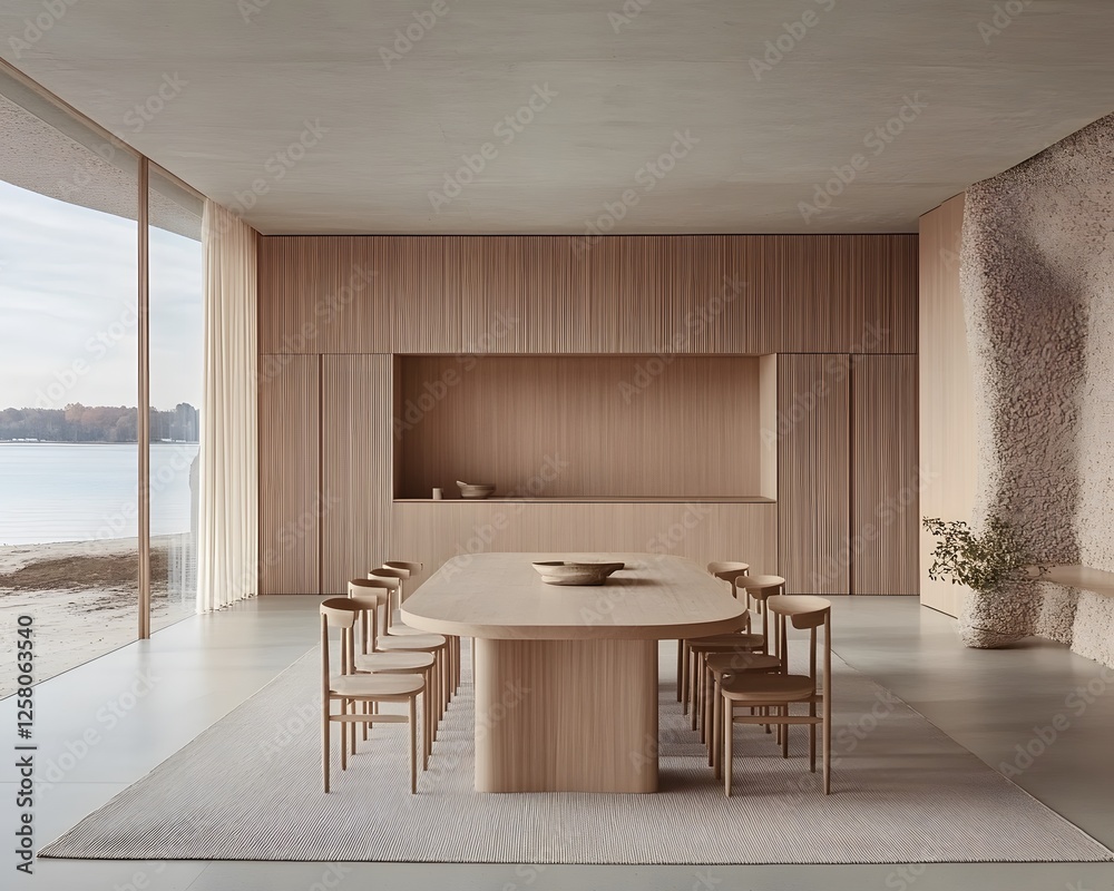 Fototapeta premium Modern Minimalist Wooden Dining Room Design with Lake View