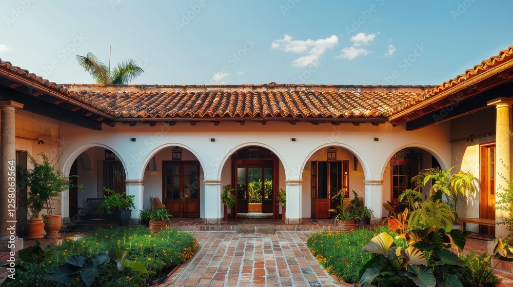 Fototapeta premium Elegant Spanish-style courtyard with classic archways, warm stucco walls, and lush greenery 