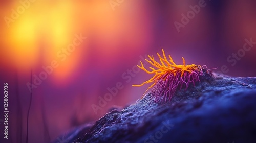 Vibrant Sunset Macro Photography of Unique Lichen on Rock