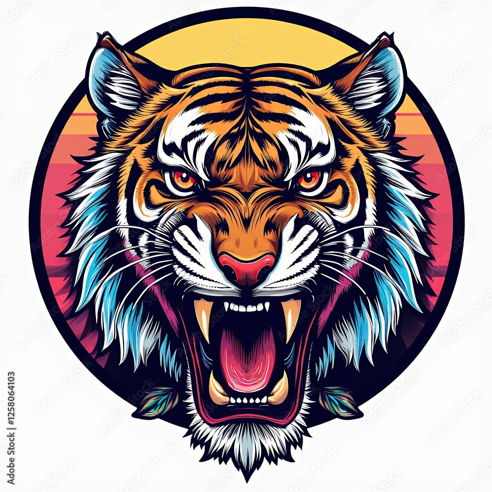 Vibrant Retro Tiger Head Illustration Roaring Big Cat Colorful Artwork Vintage Style Vibrant Retro Tiger Head Illustration Roaring Big Cat Colorful Artwork Vintage Style