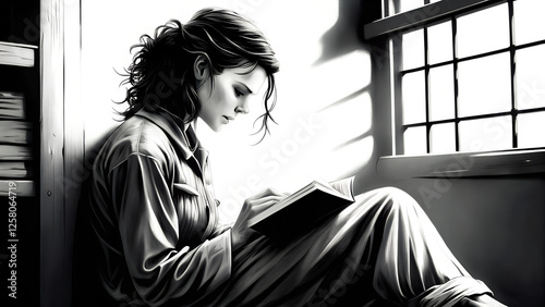 Woman in prison jumpsuit reads book while sitting on floor. Natural light streams through barred window illuminating her focused expression. Concept: Prison reform, Education programs, Rehabilitation 