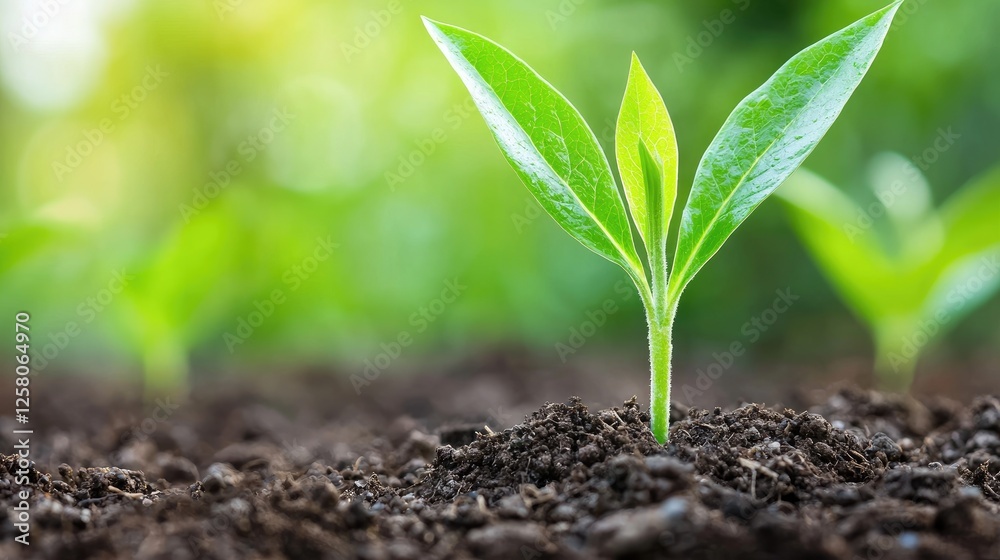 Young sprout emerging from soil, nature's growth, sunlight, new life Young sprout emerging from soil, nature's growth, sunlight, new life