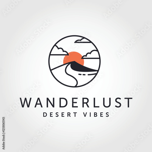 Abstract simple desert logo with line art style on white background, sun and desert logo