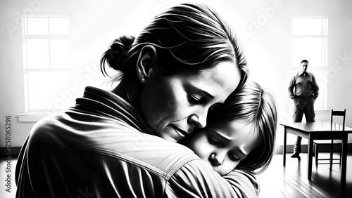 Mother embraces young daughter during prison visit. Guard observes emotional reunion in sterile visiting room.Concept: Family support programs, Children's services, Visitation rights