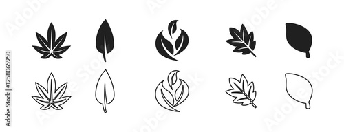 Leaf icons set, tropical leaves set, palm leaves silhouettes isolated, green leafs, environment and nature eco sign
