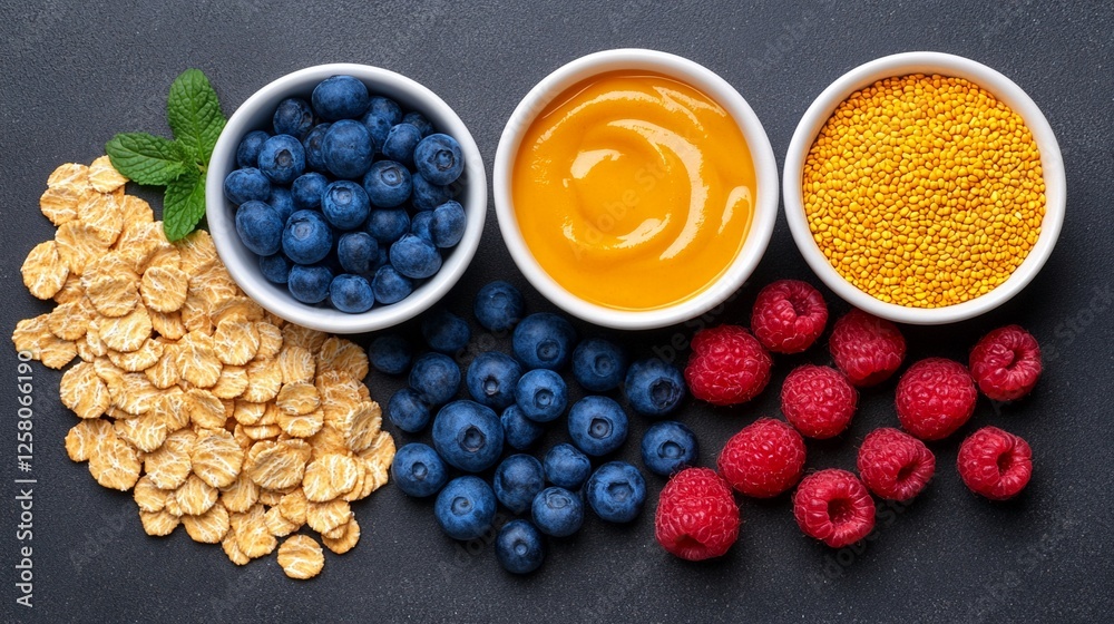 Fresh Berries and Oats with Smooth Mango Puree on Dark Background Fresh Berries and Oats with Smooth Mango Puree on Dark Background
