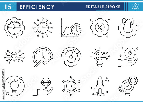 A set of line icons related to efficiency. Time, quality, ability, machine, work capacity, innovative, business, growth, and so on. Vector editable stroke.