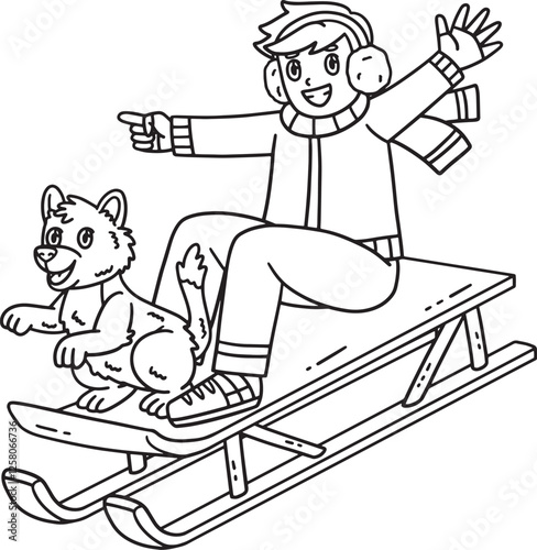 Sledding Boy with a Dog Isolated Coloring Page 