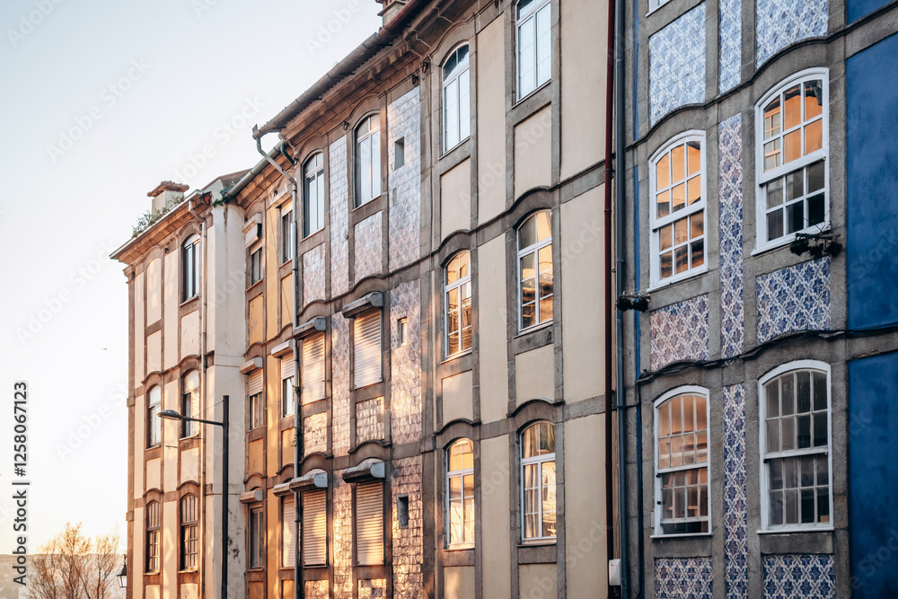 Fototapeta premium Close-up of a facade in Porto covered with traditional ceramic tiles (azulejos)