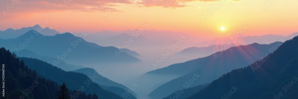 Mountain peaks shrouded in mist and sunlit fog, sunrise, misty, mountains Mountain peaks shrouded in mist and sunlit fog, sunrise, misty, mountains