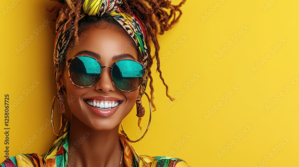 A smiling woman with striking dreadlocks and stylish sunglasses radiates confidence and joy, set against a cheerful yellow backdrop, embodying vibrant self-expression. A smiling woman with striking dreadlocks and stylish sunglasses radiates confidence and joy, set against a cheerful yellow backdrop, embodying vibrant self-expression.
