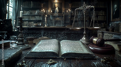 Law library, ancient book, justice scales, gavel