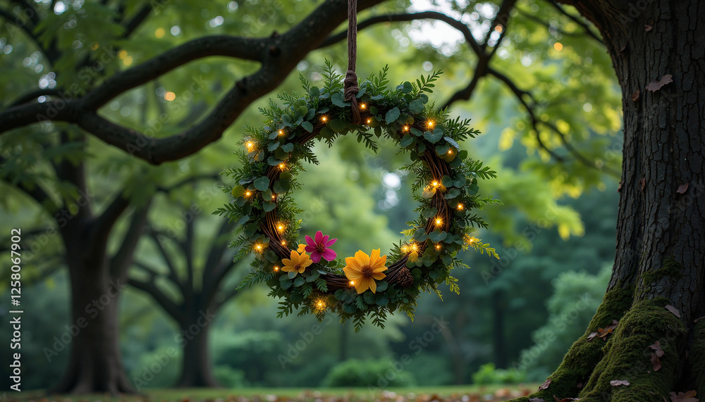 The Wheel of the Year. Enchanting Ostara wreath hanging from ancient oak tree, spring celebration The Wheel of the Year. Enchanting Ostara wreath hanging from ancient oak tree, spring celebration